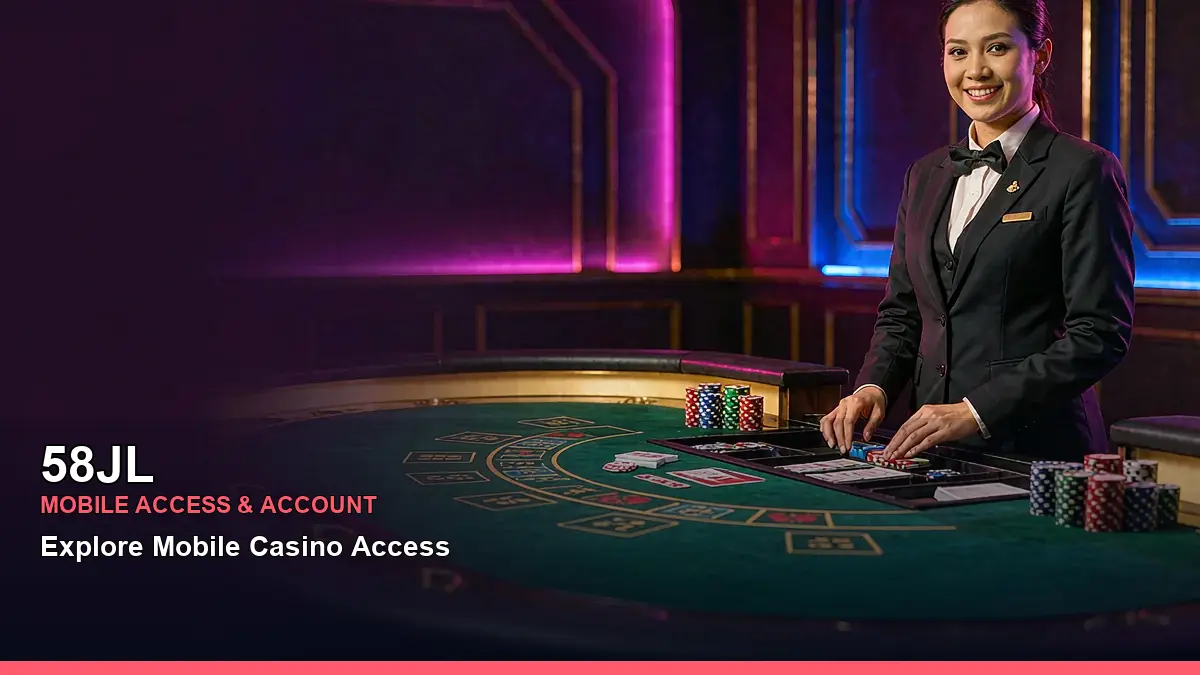58JL Philippines account guide scene showing a mobile-friendly gaming platform with account access and live table game options