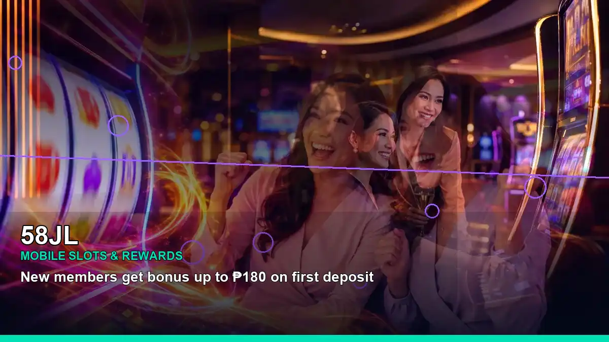 58JL fantasy slot scene with an adult Filipina casino host and a wide reel display