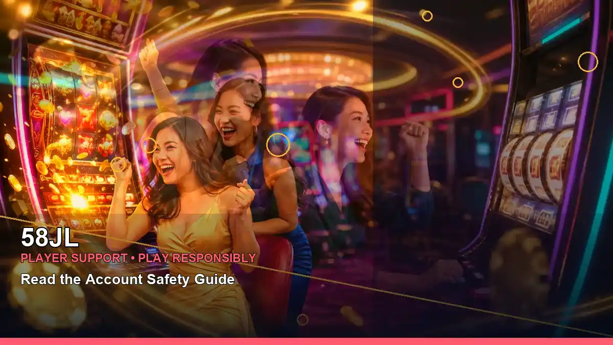 58JL self-control guide scene for Philippine users, featuring gold jackpot-style slot reels arranged on a right diagonal