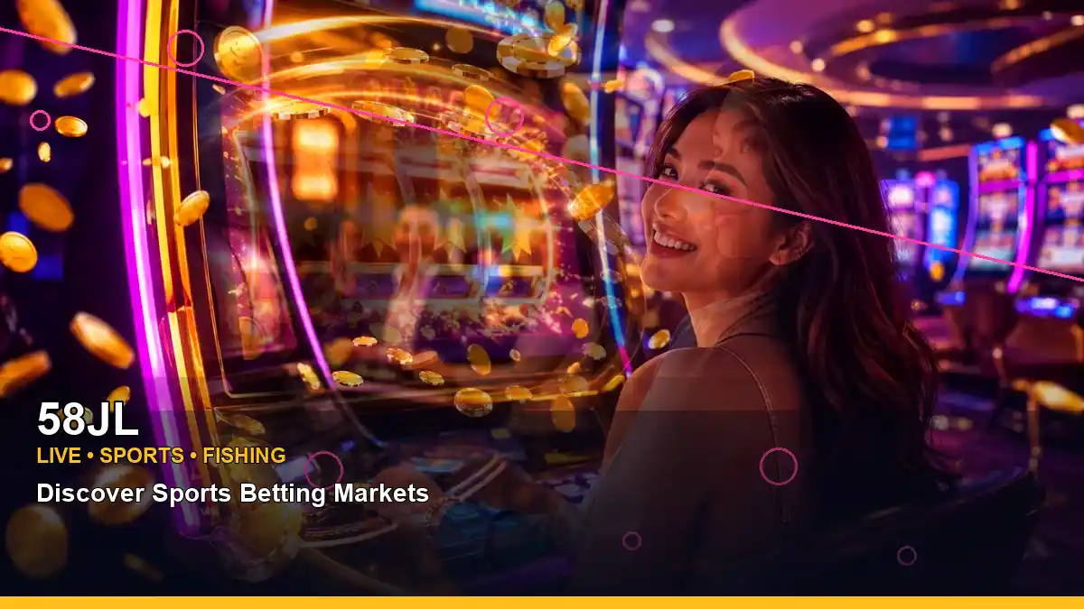 58JL sports betting and casino entertainment scene featuring an adult Filipina presenter in a layered neon composition