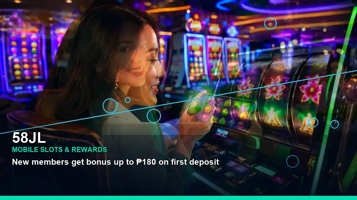 Online slot game artwork with an adult Filipina casino host in a layered collage layout